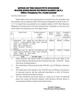OFFICE of the EXECUTIVE ENGINEER WATER RESOURCES DIVISION RAISEN (M.P.) Office Telephone No