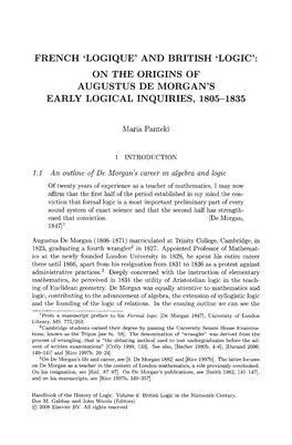 French 'Logique' and British 'Logic" on the Origins of Augustus De Morgan's Early Logical Inquiries, 1805-1835