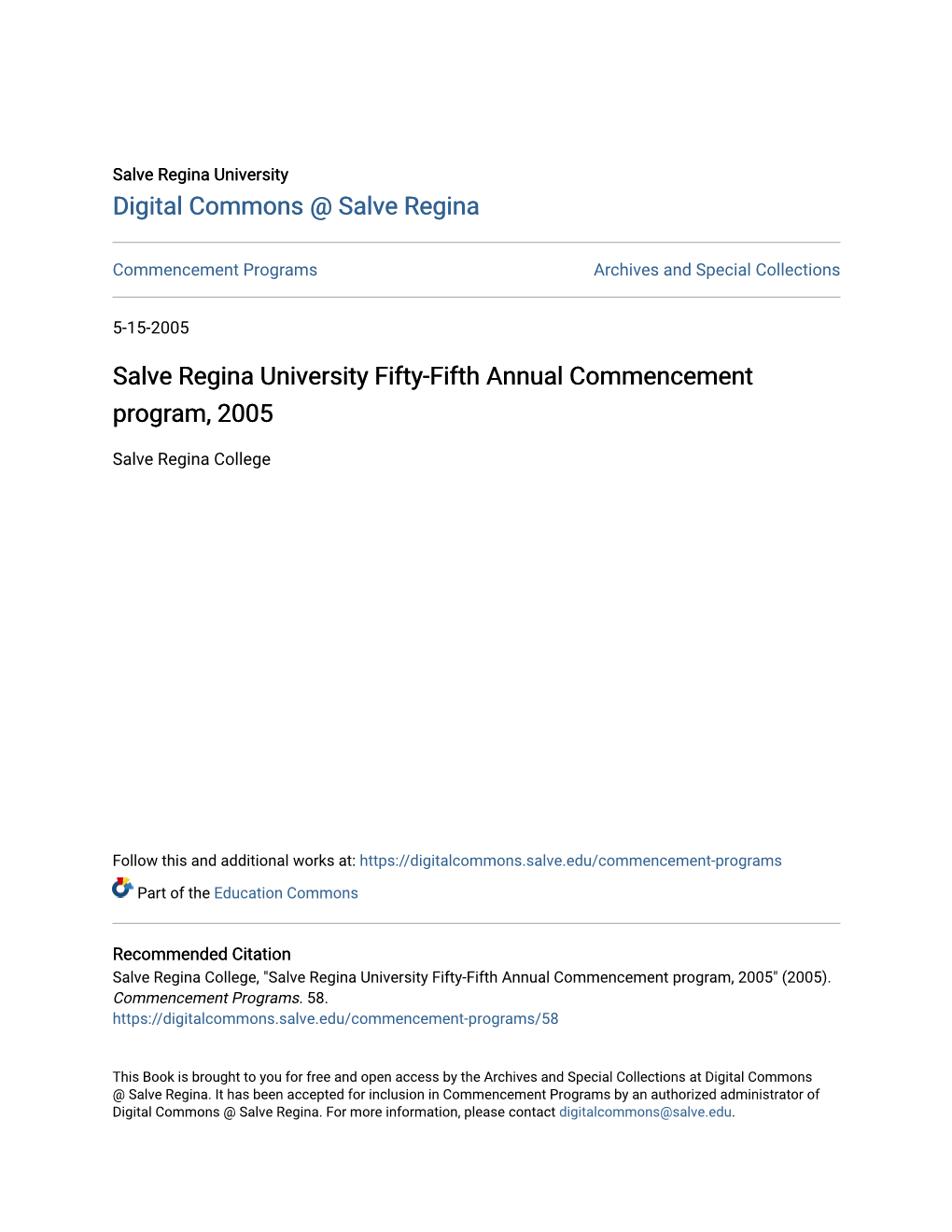 Salve Regina University Fifty-Fifth Annual Commencement Program, 2005