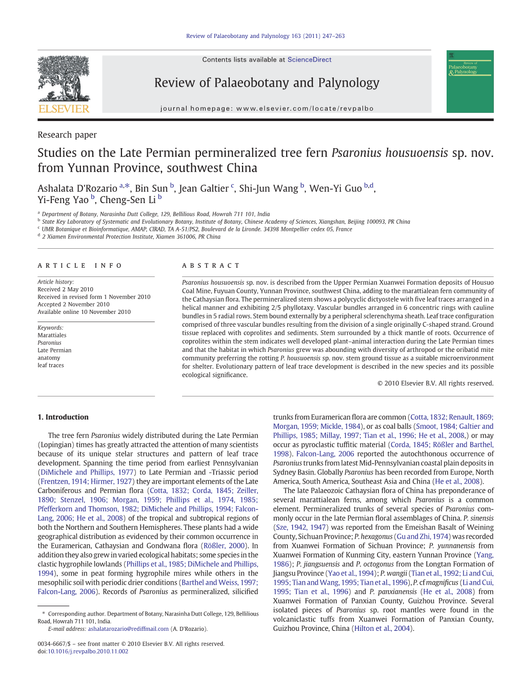 Studies on the Late Permian Permineralized Tree Fern Psaronius Housuoensis Sp. Nov. from Yunnan Province, Southwest China