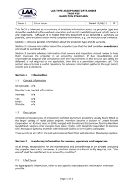 Laa Type Acceptance Data Sheet Tads P25 Hamilton Standard