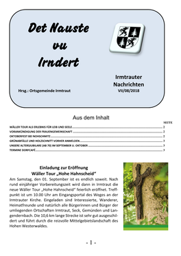 Det Nauste Vu Irndert Irmtrauter Nachrichten Hrsg.: Ortsgemeinde Irmtraut VII/08/2018
