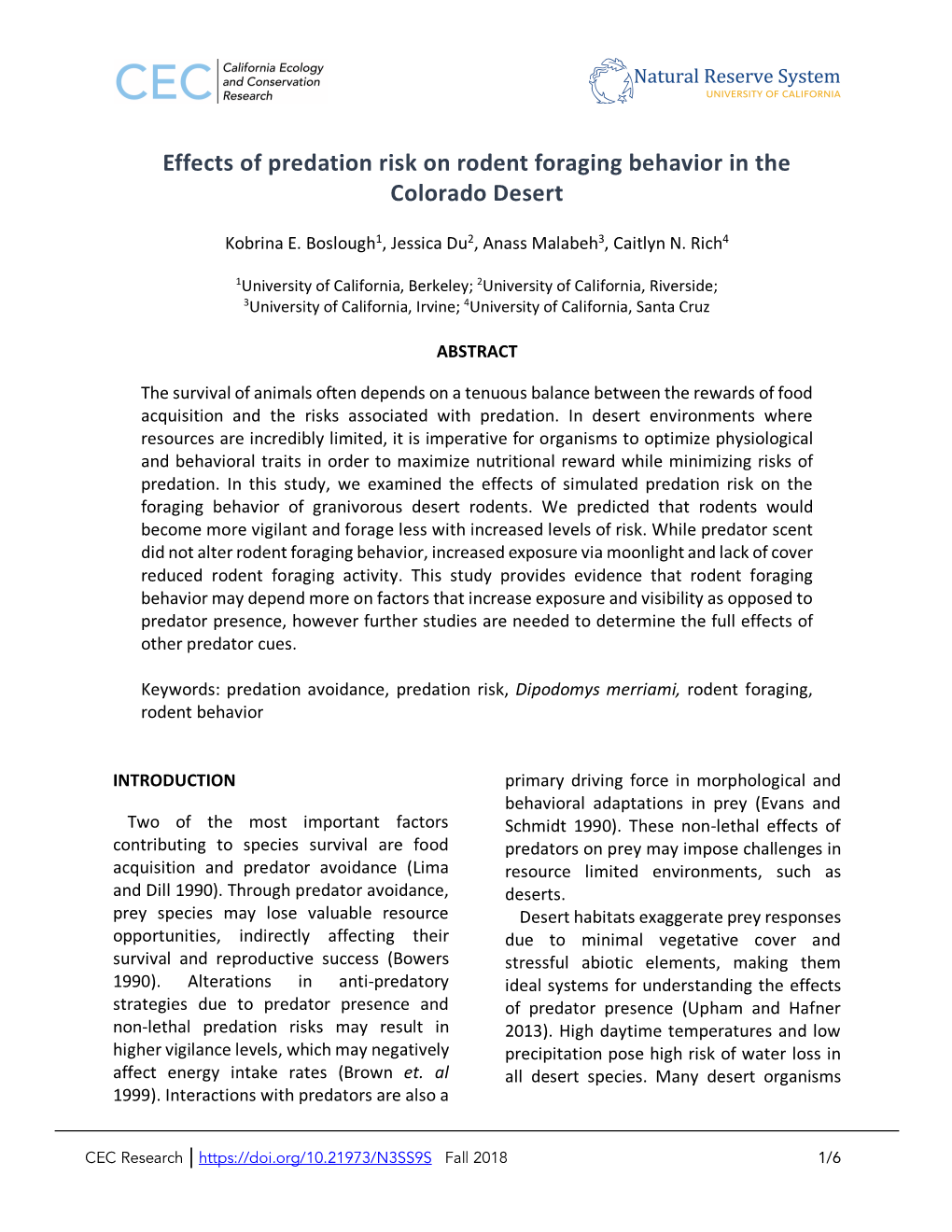 Effects of Predation Risk on Rodent Foraging Behavior in the Colorado Desert