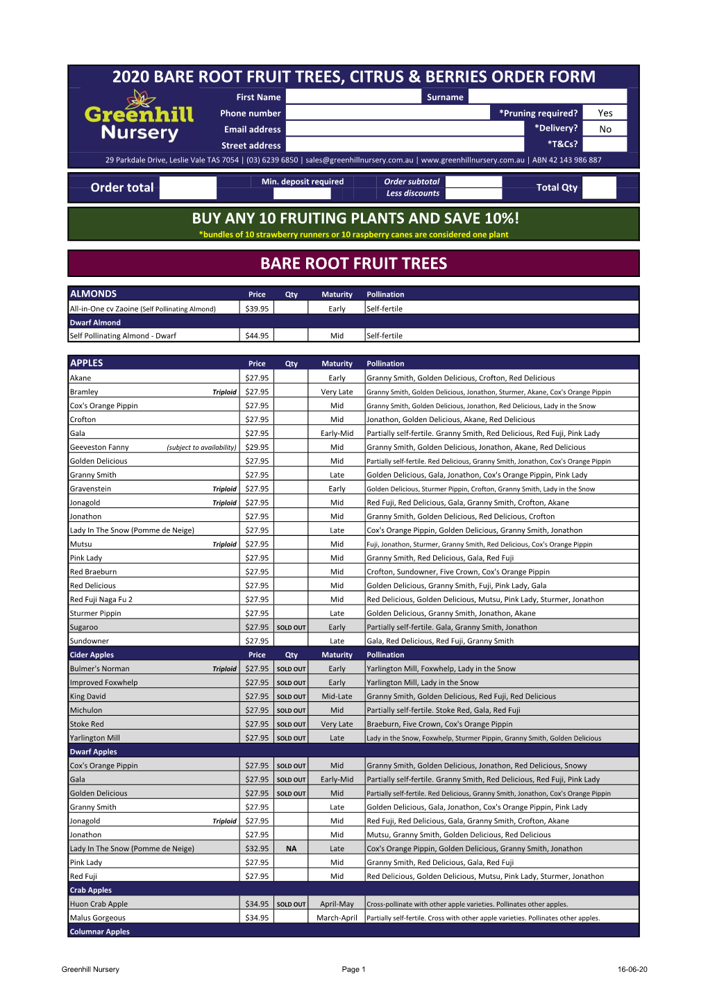 2020 Bare Root Fruit Trees, Citrus & Berries Order Form