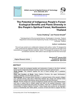 Ecological Benefits and Plants Diversity in Bru People's Spiritual