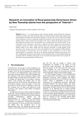 Research on Innovation of Rural Grassroots Governance Driven by New Township Talents from the Perspective of "Internet +