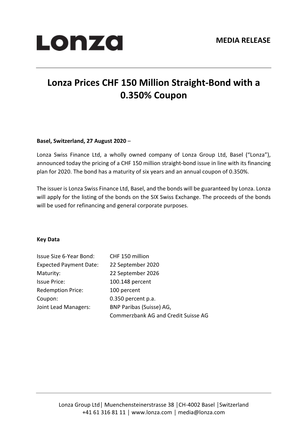 Lonza Prices CHF 150 Million Straight-Bond with a 0.350% Coupon