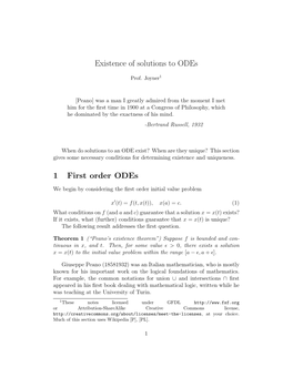 Existence of Solutions to Odes 1 First Order Odes