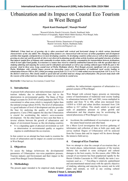 Urbanization and Its Impact on Coastal Eco Tourism in West Bengal