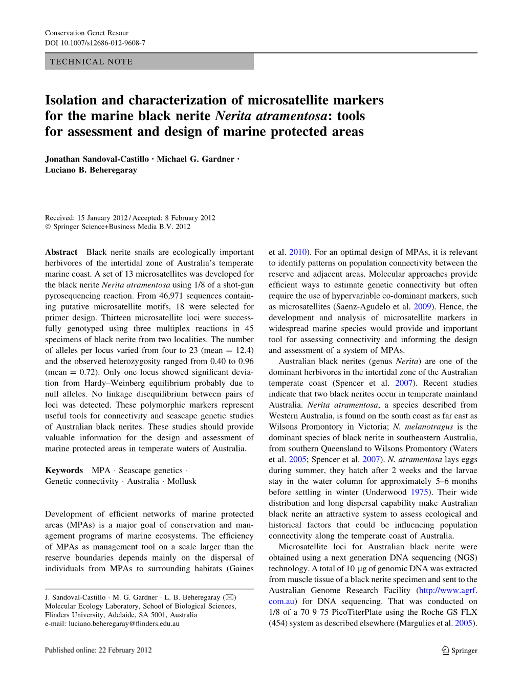 Isolation and Characterization of Microsatellite Markers for the Marine Black Nerite Nerita Atramentosa: Tools for Assessment and Design of Marine Protected Areas