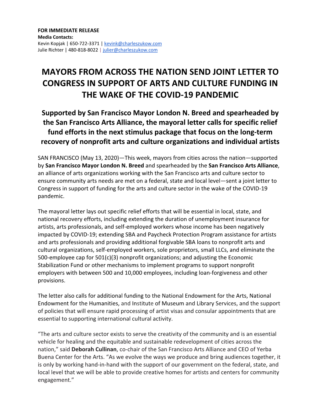 Mayors from Across the Nation Send Joint Letter to Congress in Support of Arts and Culture Funding in the Wake of the Covid-19 Pandemic