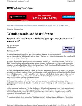 Winning Words Are 'Short,' 'Sweet' Page 1 of 5