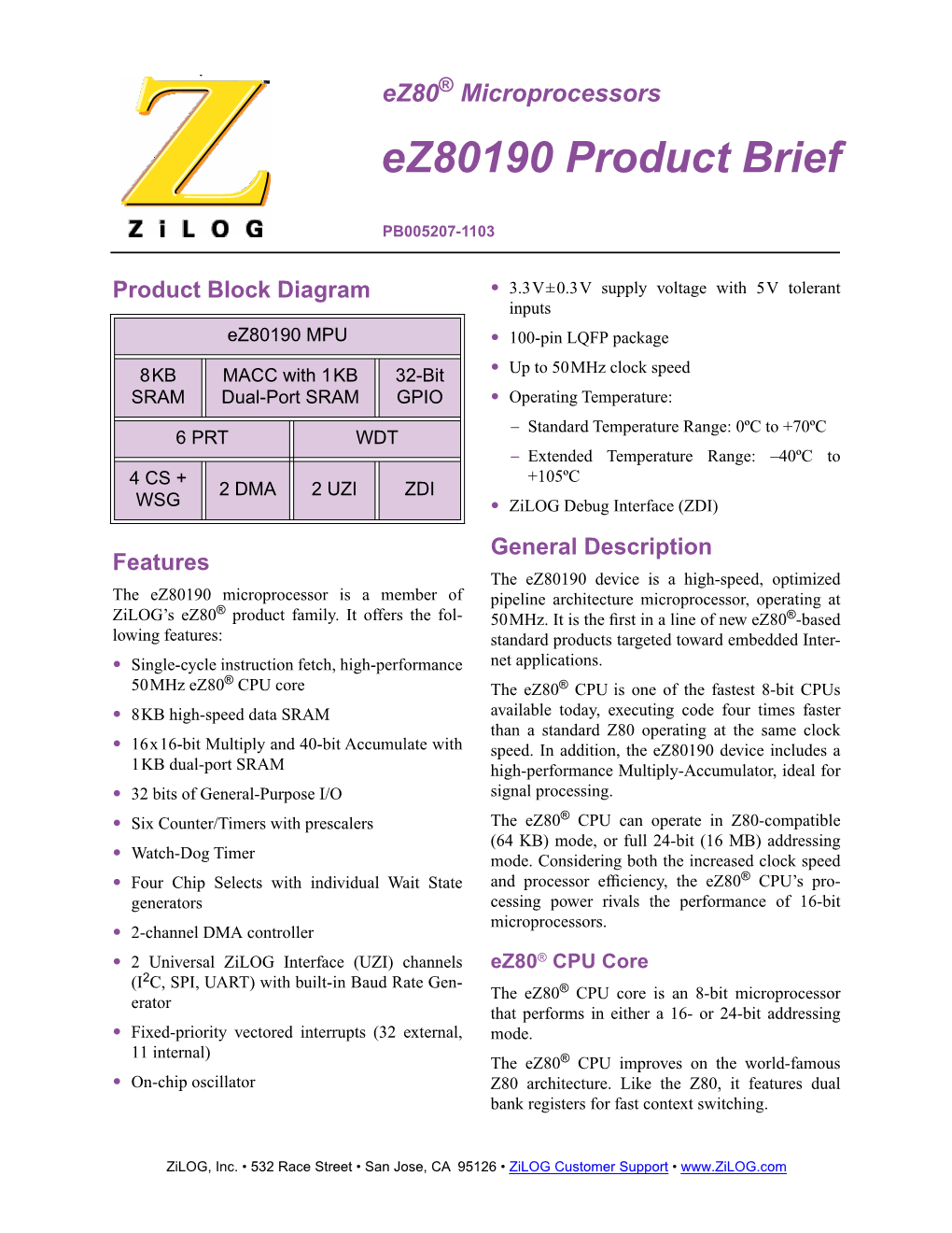 Microprocessors Ez80190 Product Brief