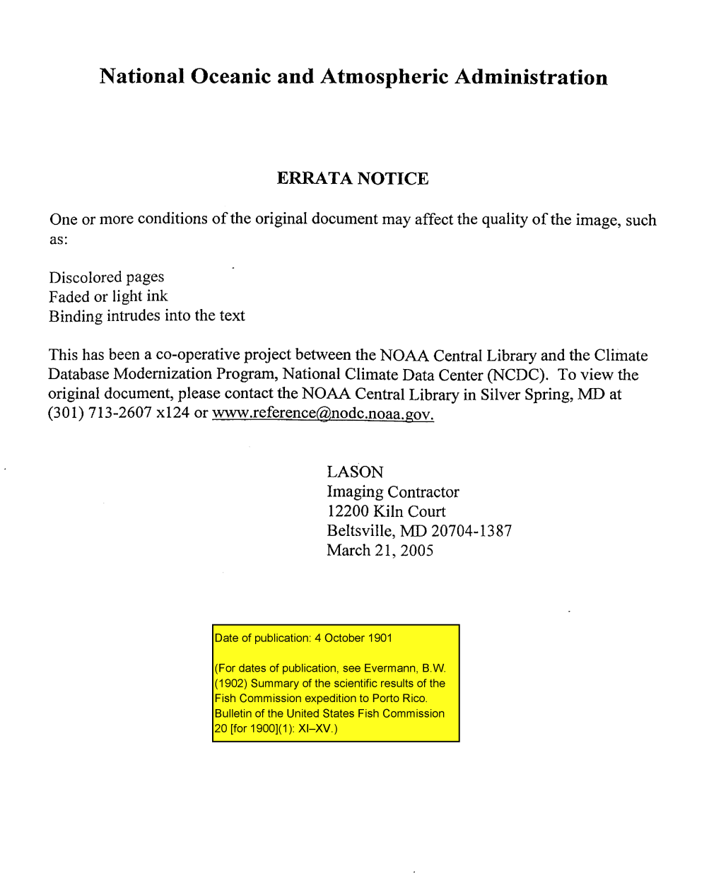 Bulletin of the United States Fish Commission 20[For1900](1):XI-XV.) Blank Page Retained for Pagination SM JKMTIFIG UIOWIIY