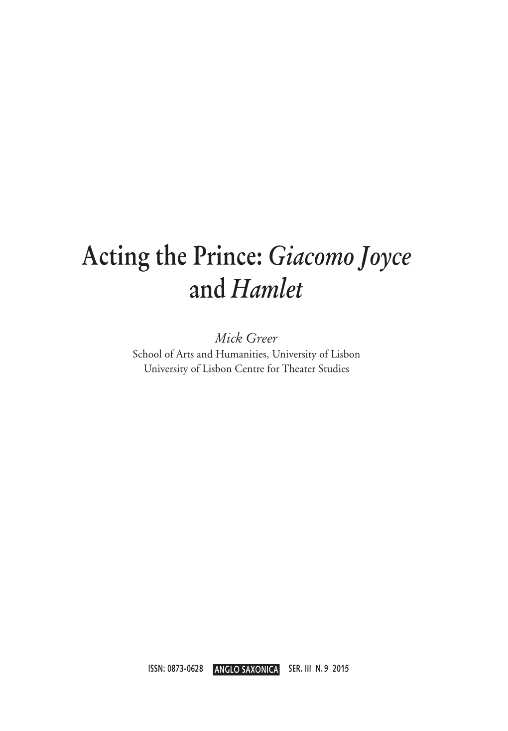 Acting the Prince: Giacomo Joyce and Hamlet