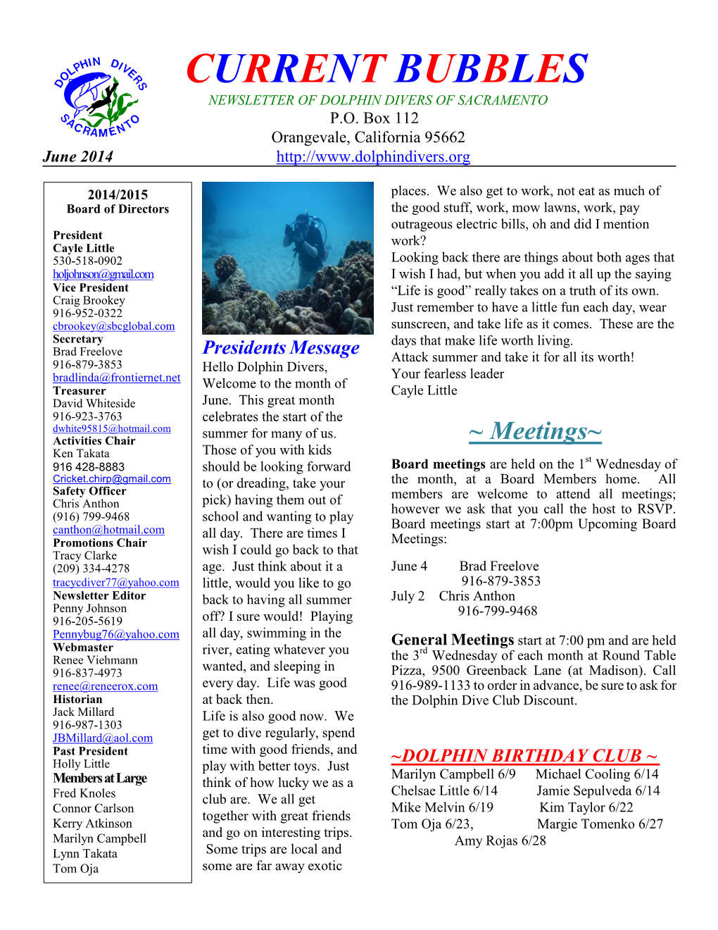 Current Bubbles Newsletter of Dolphin Divers of Sacramento P.O