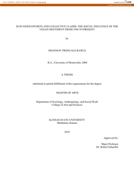 THE SOCIAL INFLUENCE of the VEGAN MOVEMENT from 1944 to PRESENT by SHANNON TRONCALE