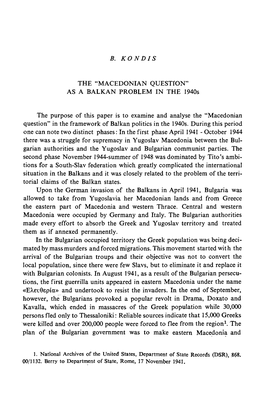 B. Kondis the “Macedonian Question” As a Balkan