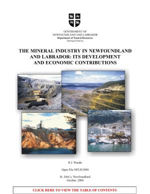 The Mineral Industry in Newfoundland and Labrador: Its Development and Economic Contributions
