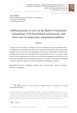 Different Points of View on the Battle of Grunwald/ Tannenberg 1410 from Poland and Germany and Their Roots in Handwritten and Printed Traditions1