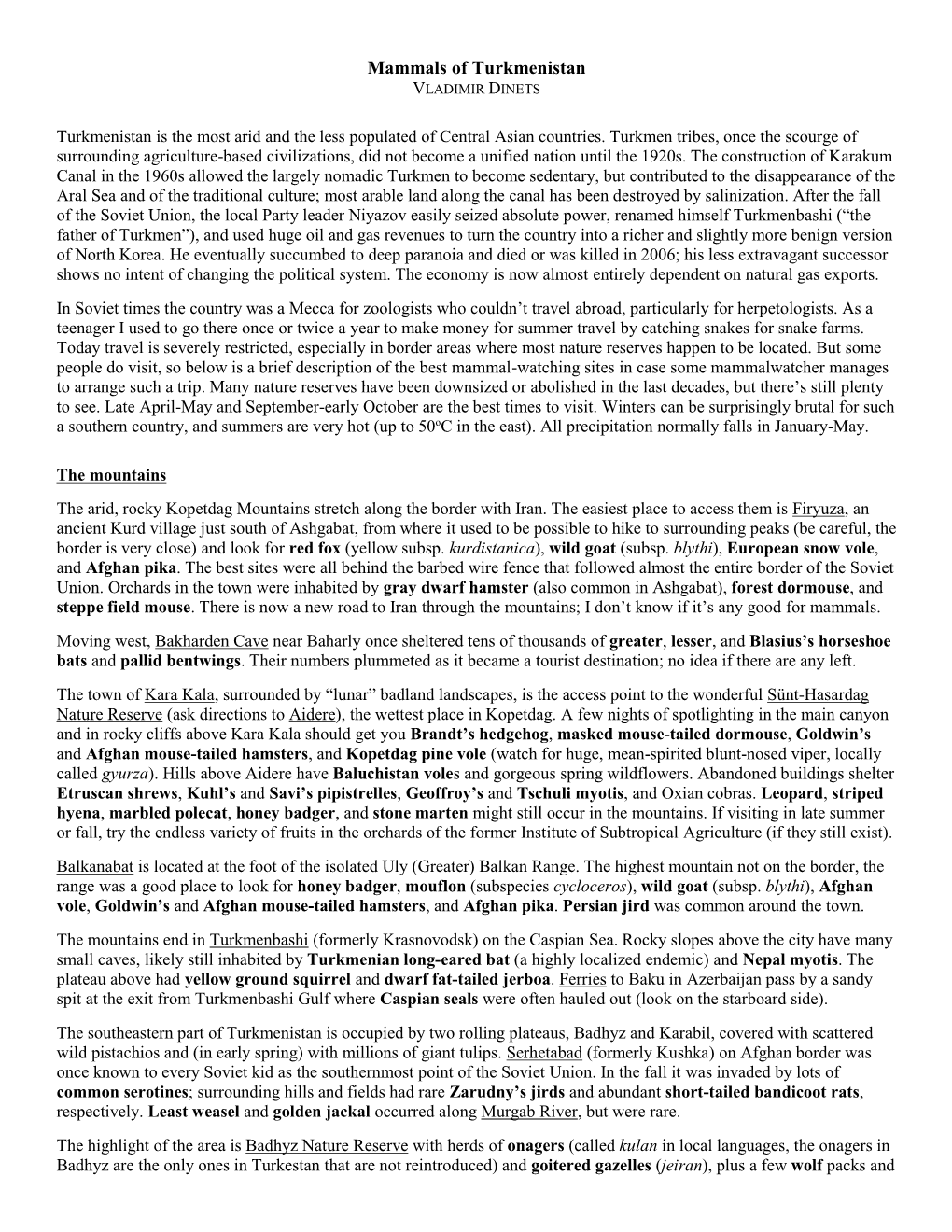Mammals of Turkmenistan VLADIMIR DINETS