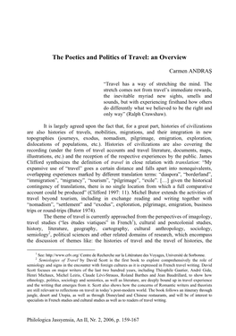The Poetics and Politics of Travel: an Overview