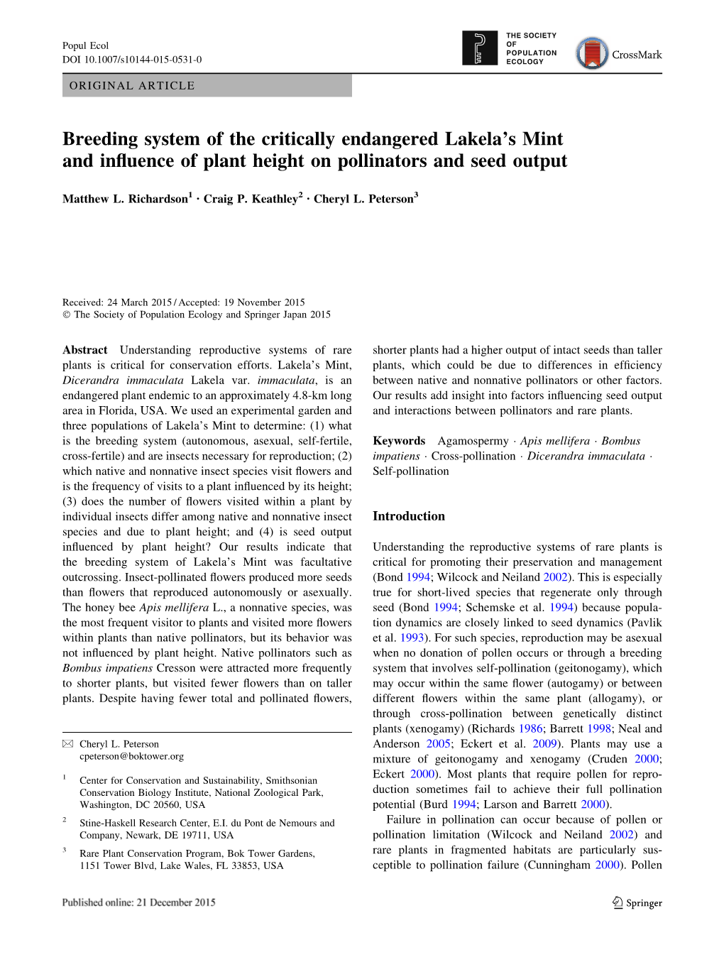 Breeding System of the Critically Endangered Lakela's Mint and Influence of Plant Height on Pollinators and Seed Output