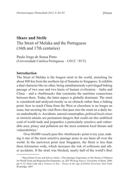 Share and Strife the Strait of Melaka and the Portuguese (16Th and 17Th Centuries)