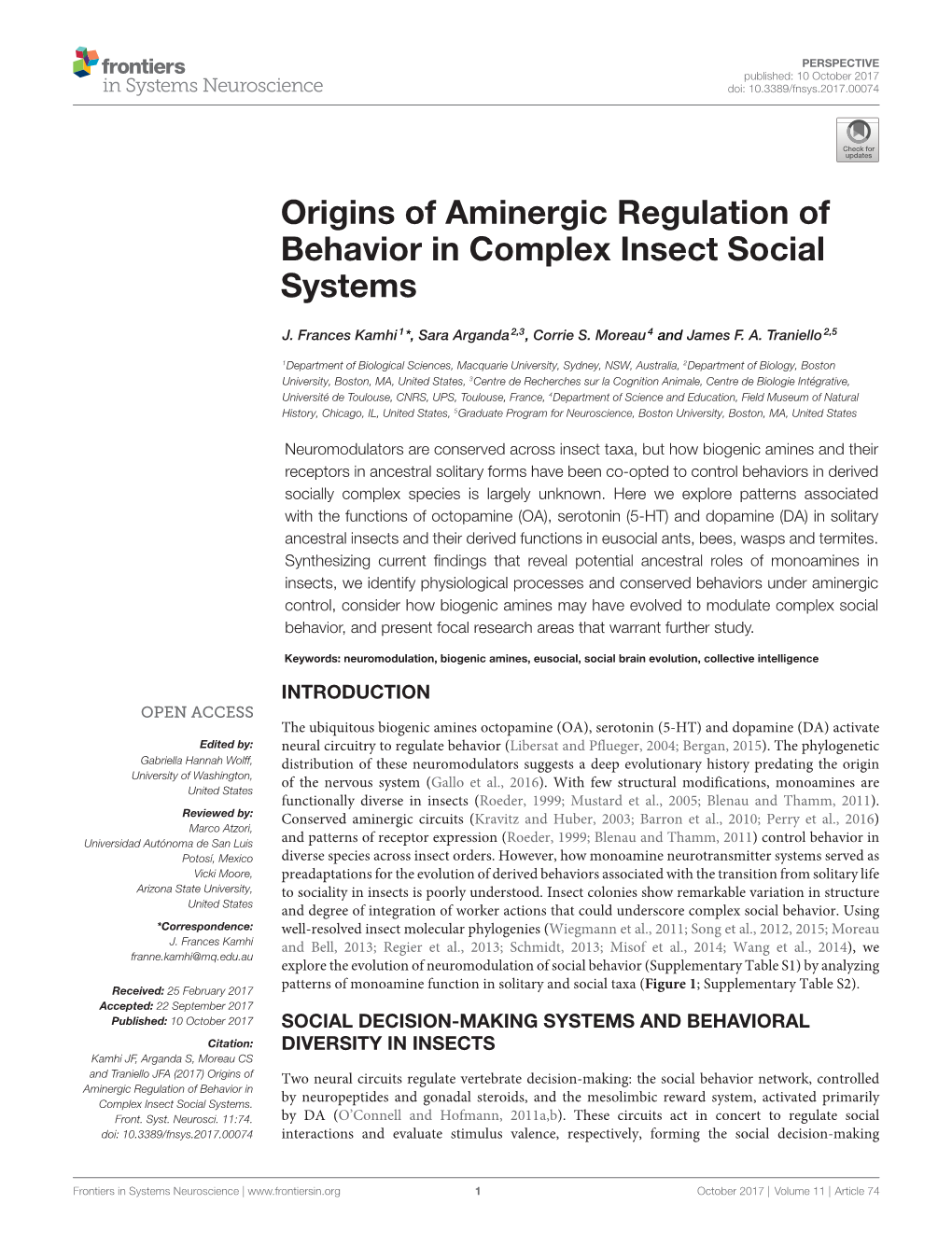 Origins of Aminergic Regulation of Behavior in Complex Insect Social Systems