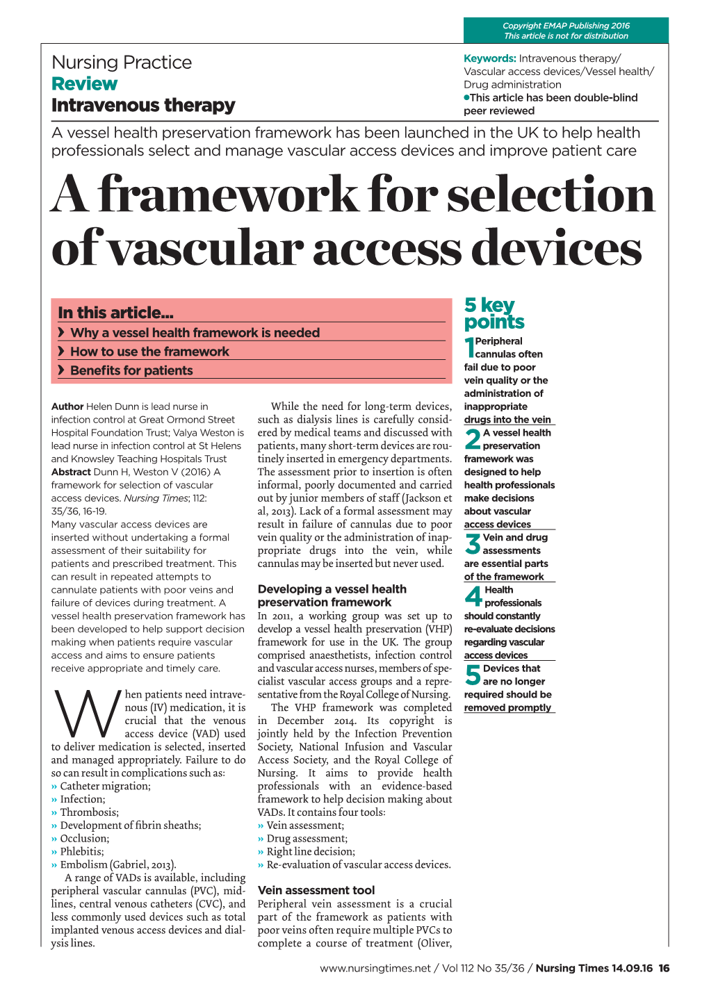 A Framework for Selection of Vascular Access Devices