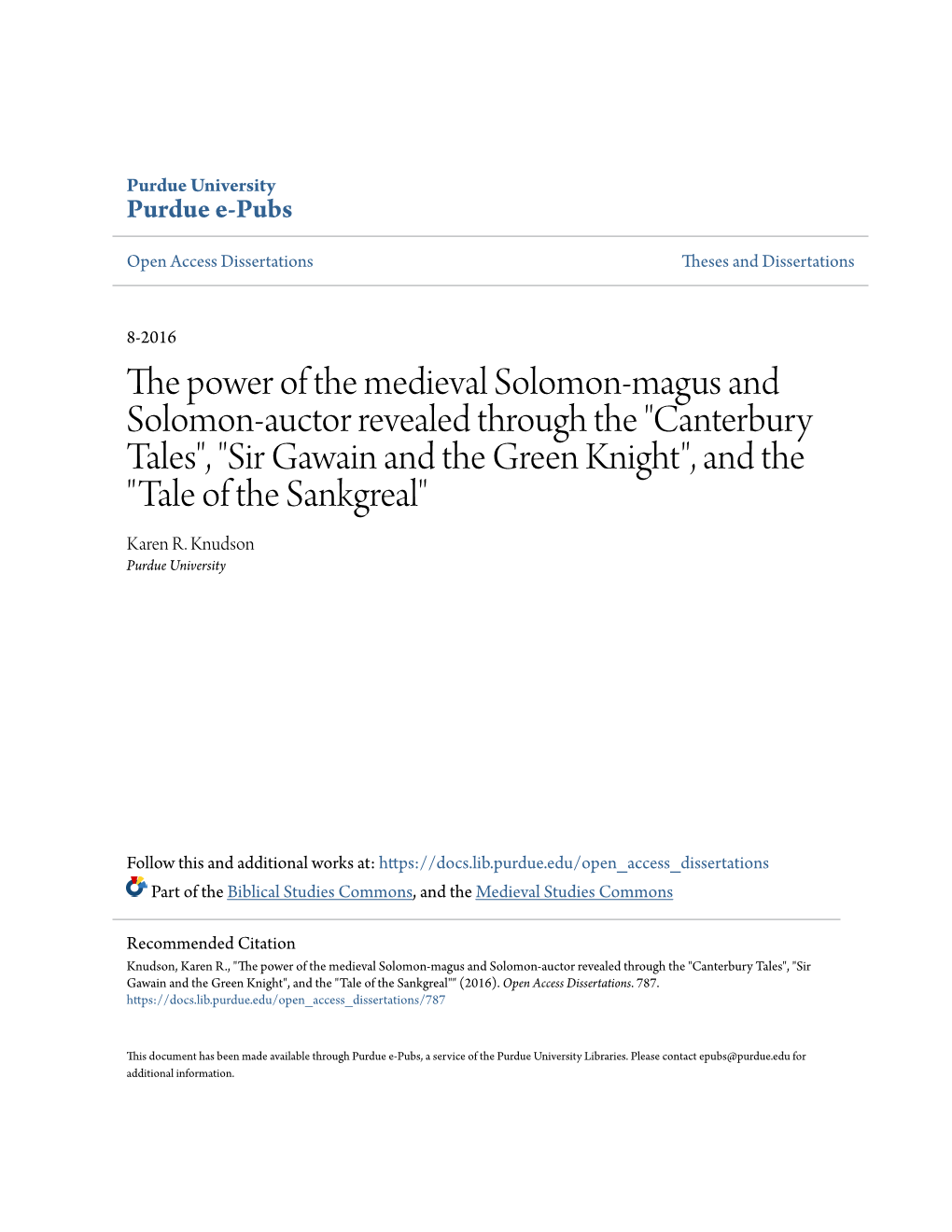"Canterbury Tales", "Sir Gawain and the Green Knight", and the "Tale of the Sankgreal" Karen R