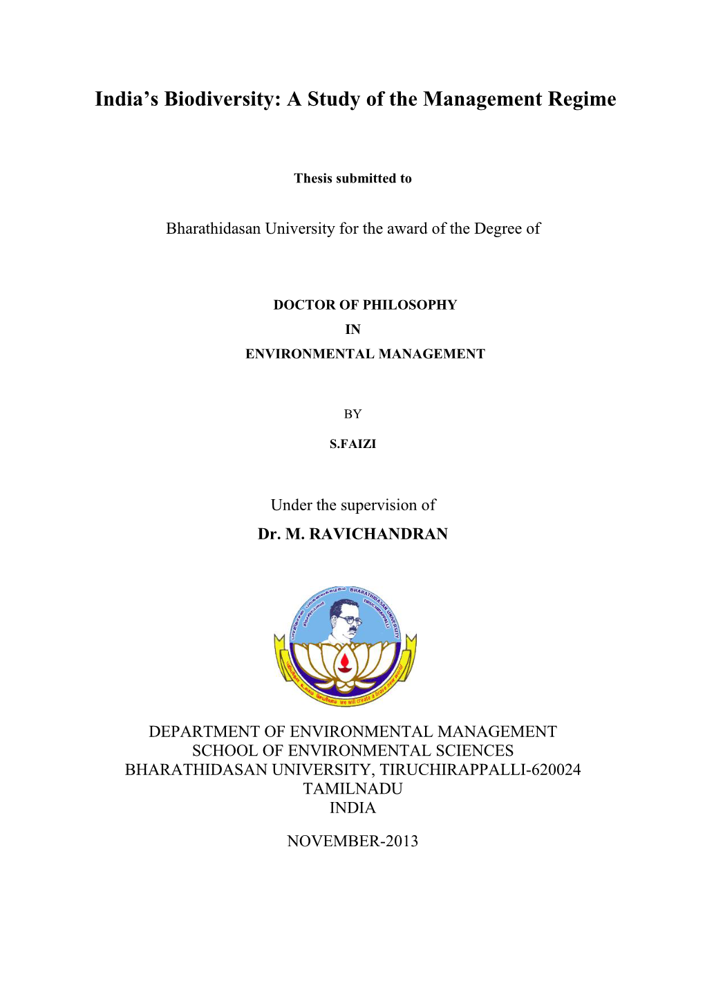 India's Biodiversity: a Study of the Management Regime