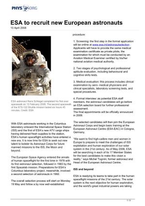 ESA to Recruit New European Astronauts 10 April 2008