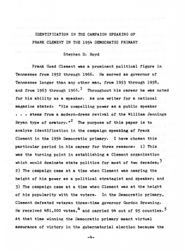 Identification in the Campaign Speaking of Frank Clement in the 1954 Democratic Primary