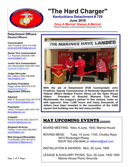 June 2016 Once a Marine! Always a Marine! Official Publication of the Kentuckiana Detachment # 729