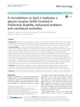 A Microdeletion at Xq22.2 Implicates a Glycine Receptor GLRA4 Involved in Intellectual Disability, Behavioral Problems and Craniofacial Anomalies Jonathan D