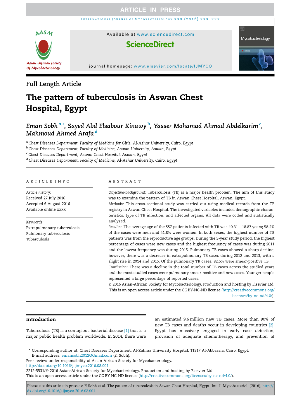 The Pattern of Tuberculosis in Aswan Chest Hospital, Egypt