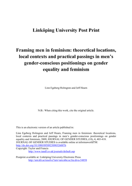 Framing Men in Feminism: Theoretical Locations, Local Contexts and Practical Passings in Men’S Gender-Conscious Positionings on Gender Equality and Feminism