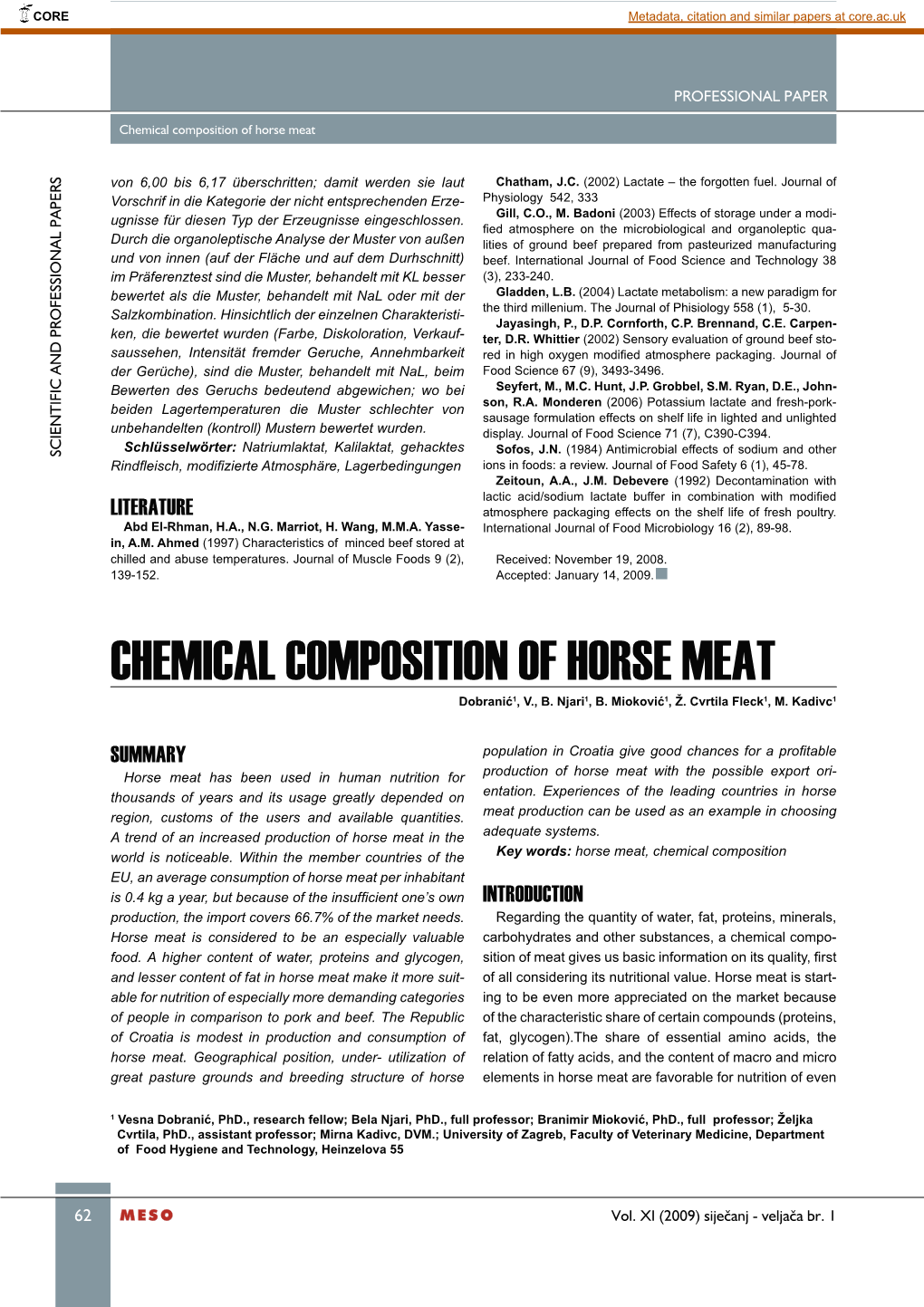 Chemical Composition of Horse Meat