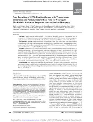 Dual Targeting of HER2-Positive Cancer with Trastuzumab Emtansine and Pertuzumab: Critical Role for Neuregulin Blockade in Antitumor Response to Combination Therapy