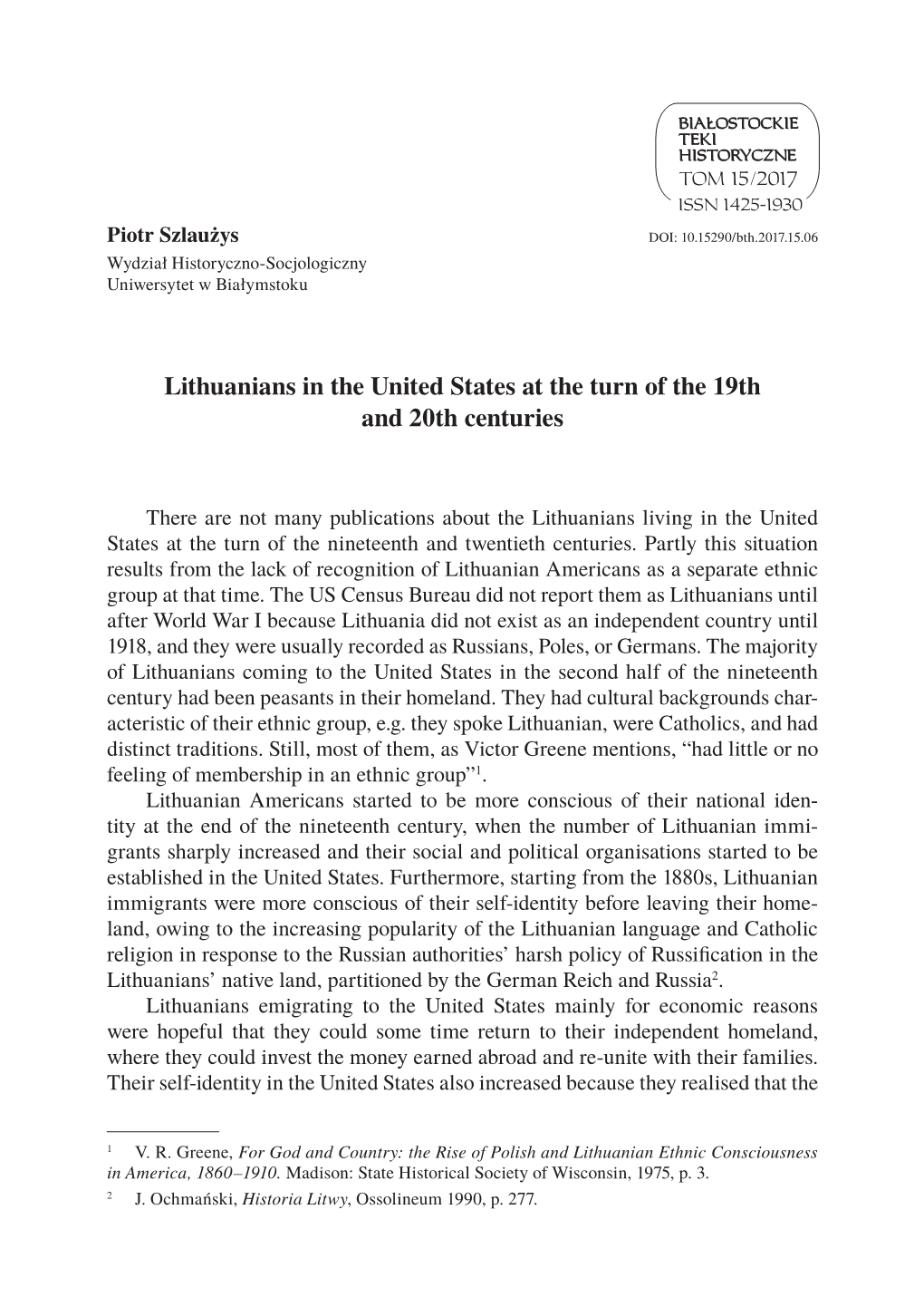 Lithuanians in the United States at the Turn of the 19Th and 20Th Centuries