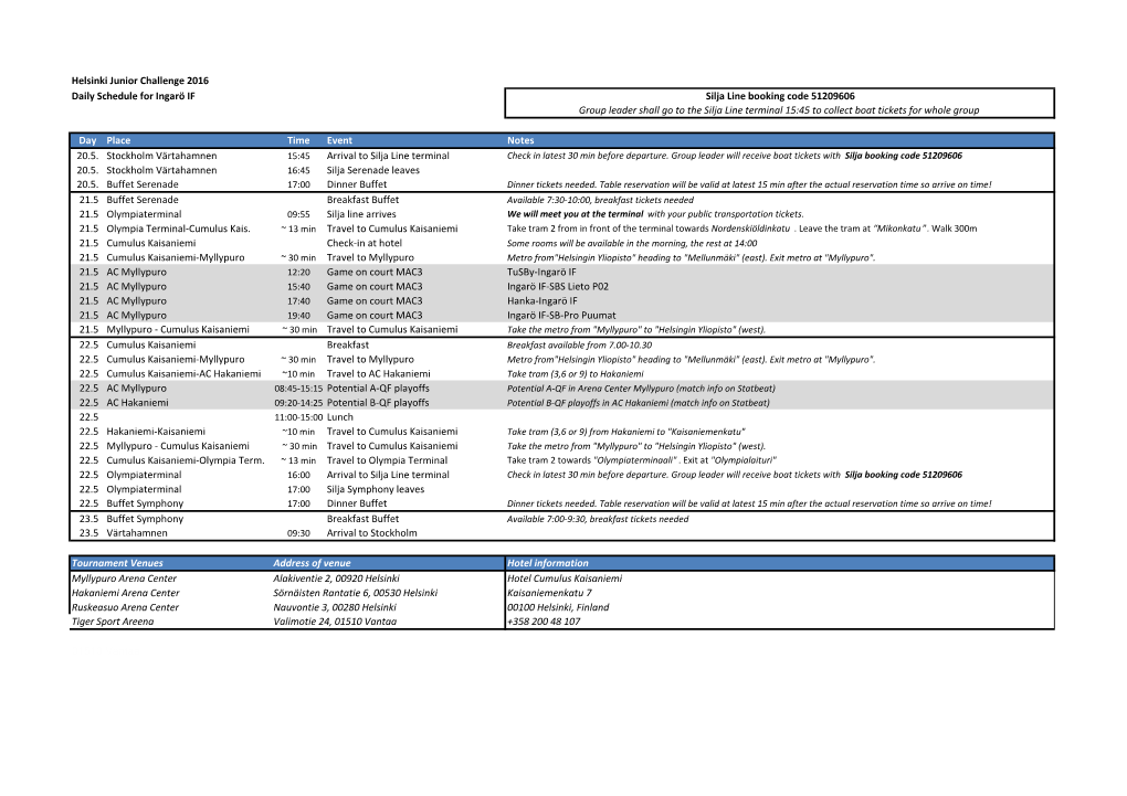 Helsinki Junior Challenge 2016 Daily Schedule for Ingarö IF Silja Line Booking Code 51209606 Group Leader Shall Go to the Silja
