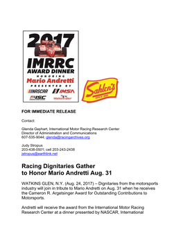 Racing Dignitaries Gather to Honor Mario Andretti Aug. 31