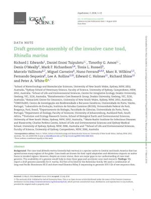 Draft Genome Assembly of the Invasive Cane Toad, Rhinella Marina