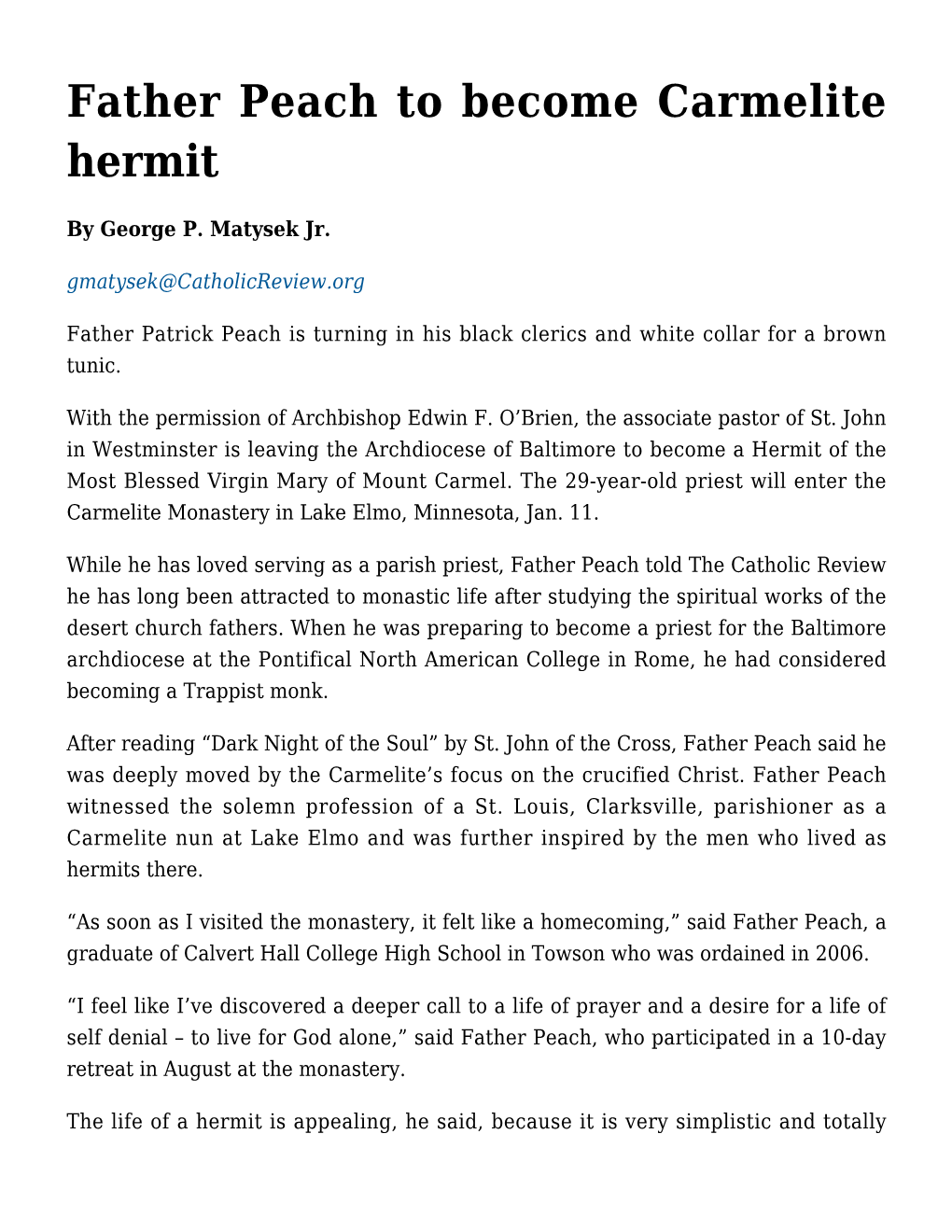 Father Peach to Become Carmelite Hermit