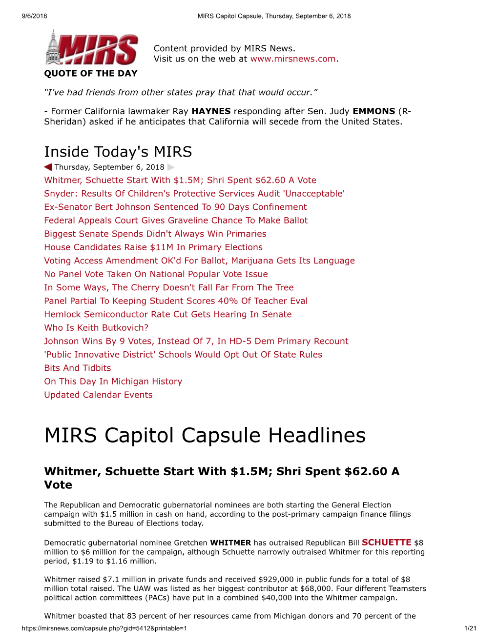 MIRS Capitol Capsule Headlines
