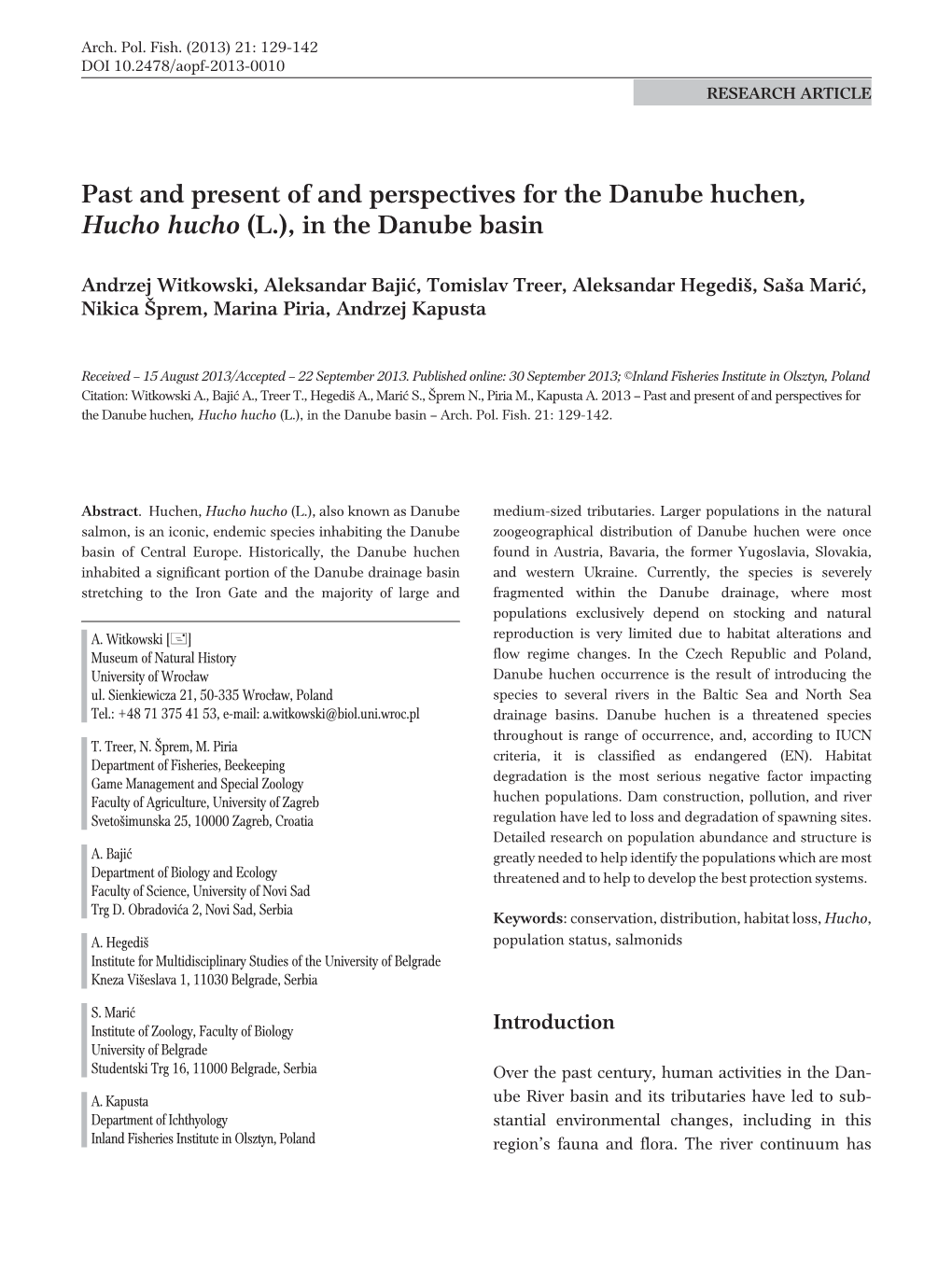 Past and Present of and Perspectives for the Danube Huchen, Hucho Hucho (L.), in the Danube Basin