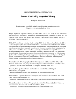 Recent Scholarship in Quaker History