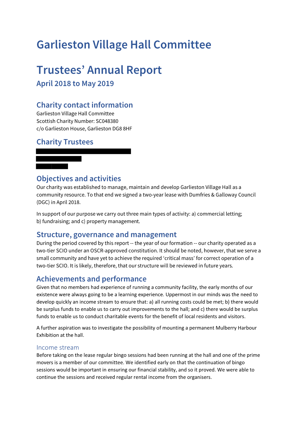 Garlieston Village Hall Committee Trustees' Annual Report