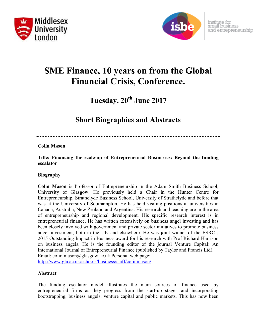 SME Finance, 10 Years on from the Global Financial Crisis, Conference